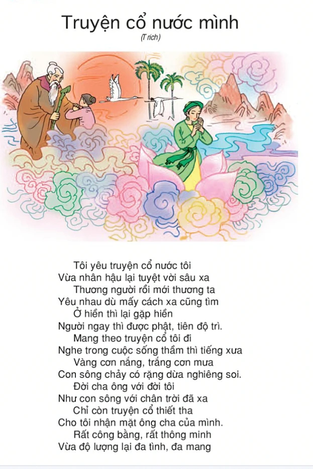 Bài thơ "Truyện cổ nước mình" của nhà thơ Lâm Thị Mỹ Dạ được in trong sách Tiếng Việt lớp 4 tập một, Nhà xuất bản Giáo dục Việt Nam, năm 2019. Ảnh: Mạnh Tùng