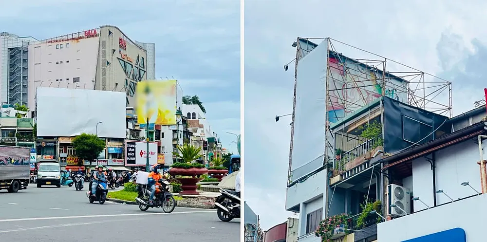 Tại đường Hoàng Văn Thụ, quận Tân Bình, bảng quảng cáo đang trong tình trạng gỉ sét và được hàn vô tường nhà dân bằng những thanh sắt, nếu có giông lốc sẽ rất nguy hiểm vì nguy cơ đổ ngã rất cao. Ảnh: TRẦN MINH Messenger_creation_00208061-19c6-47f6-8979-db29cec5f3f8.jpeg