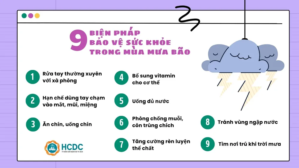 9 biện pháp bảo vệ sức khỏe trong mùa mưa. Ảnh: HCDC phong-benh-mua-mua.jpeg