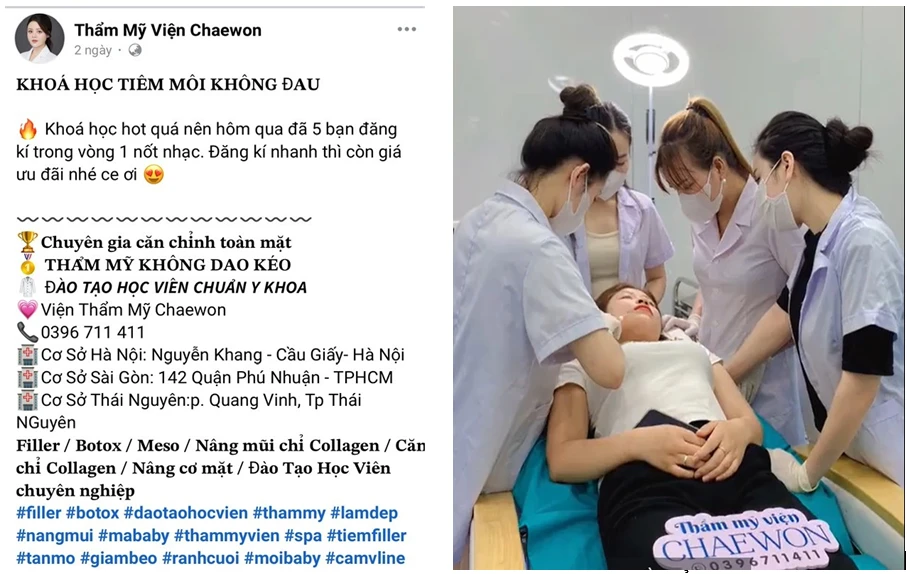 Hình ảnh, clip quảng cáo khóa đào tạo tiêm filler, botox trên trang Facebook “Viện thẩm mỹ Chaewon”. Ảnh: SYT tiêm filler - 1