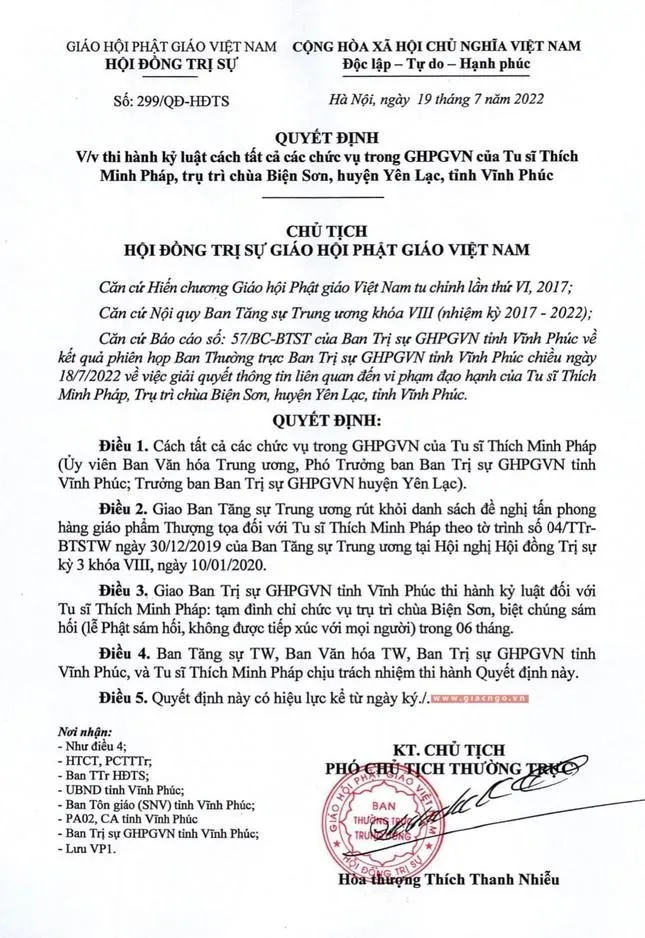 Văn bản kỷ luật đối với tu sĩ Thích Minh Pháp, trụ trì chùa Biện Sơn, tỉnh Vĩnh Phúc.