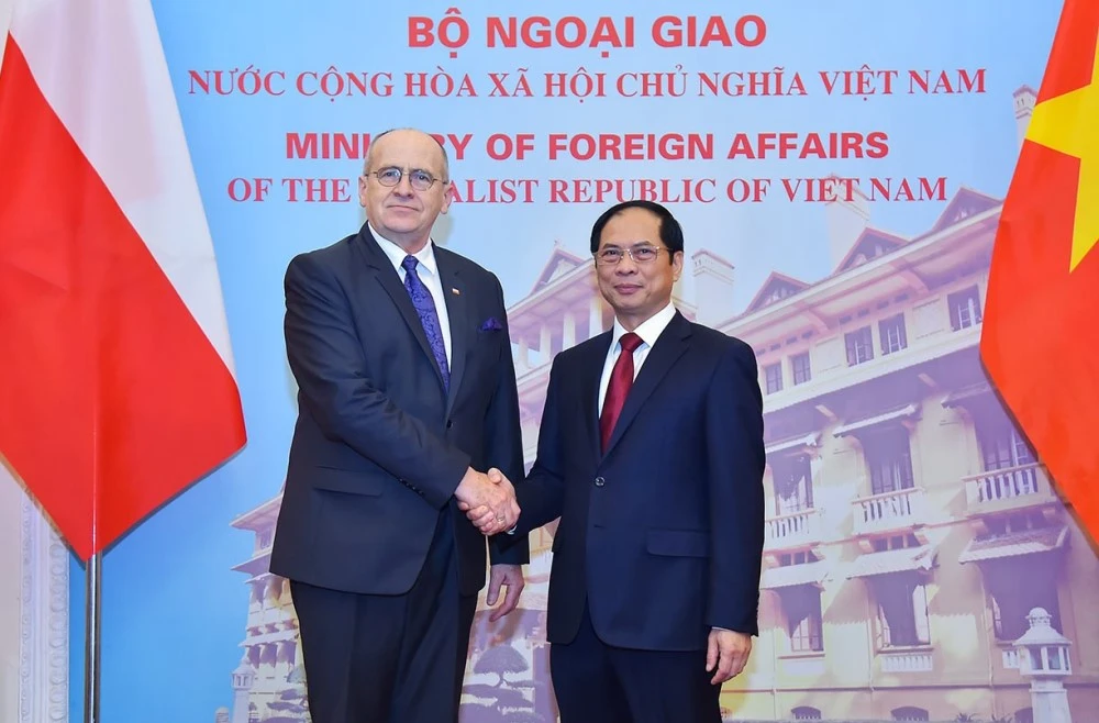 Bộ trưởng Ngoại giao Bùi Thanh Sơn đón và hội đàm với Bộ trưởng Ngoại giao Ba Lan Zbigniew Rau. Ảnh: TUẤN ANH