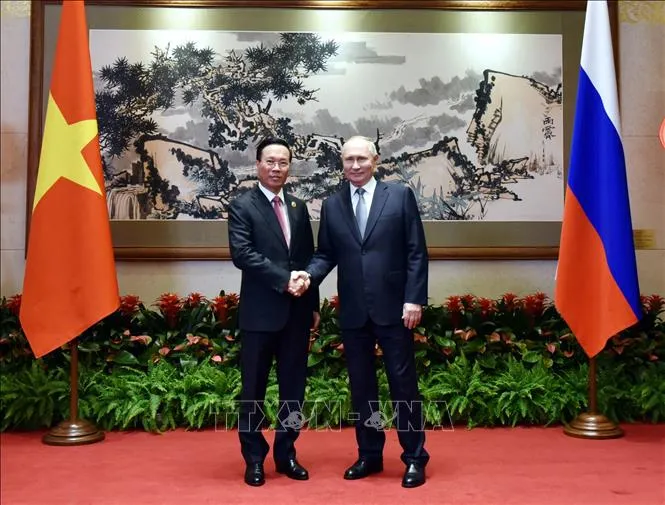 Chủ tịch nước Võ Văn Thưởng tại cuộc gặp với Tổng thống Liên bang Nga Vladimir Putin. Ảnh: TTXVN. putin-171023u.jpg
