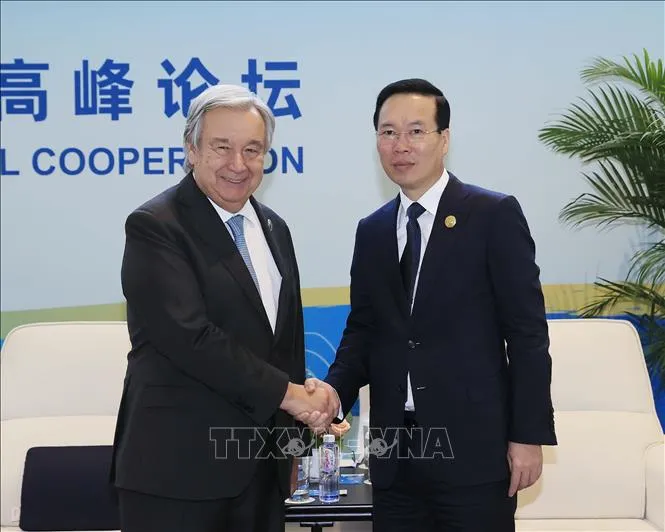Chủ tịch nước Võ Văn Thưởng tiếp Tổng Thư ký Liên hợp quốc António Guterres. Ảnh: TTXVN. lhq-181023-1-1697634359128-1697634375240223188417.jpg