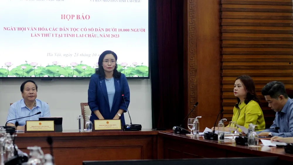 Thứ trưởng Bộ VH-TT&DL Trịnh Thị Thủy phát biểu tại cuộc họp báo. Ảnh: VT. ngay-hoi-van-hoa.JPG
