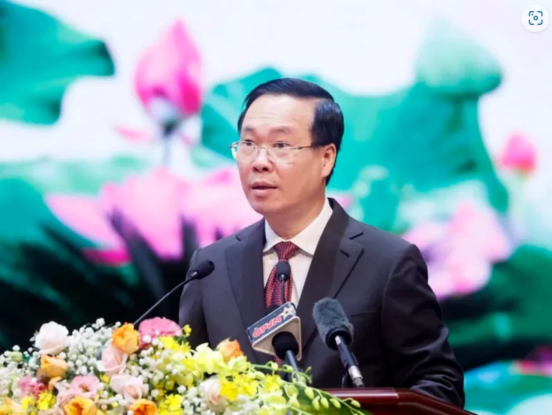 Chủ tịch nước Võ Văn Thưởng biểu dương và đánh giá cao những thành tích đã đạt được trong năm qua của Bộ Quốc phòng. Ảnh: TTXVN. Chủ tịch nước
