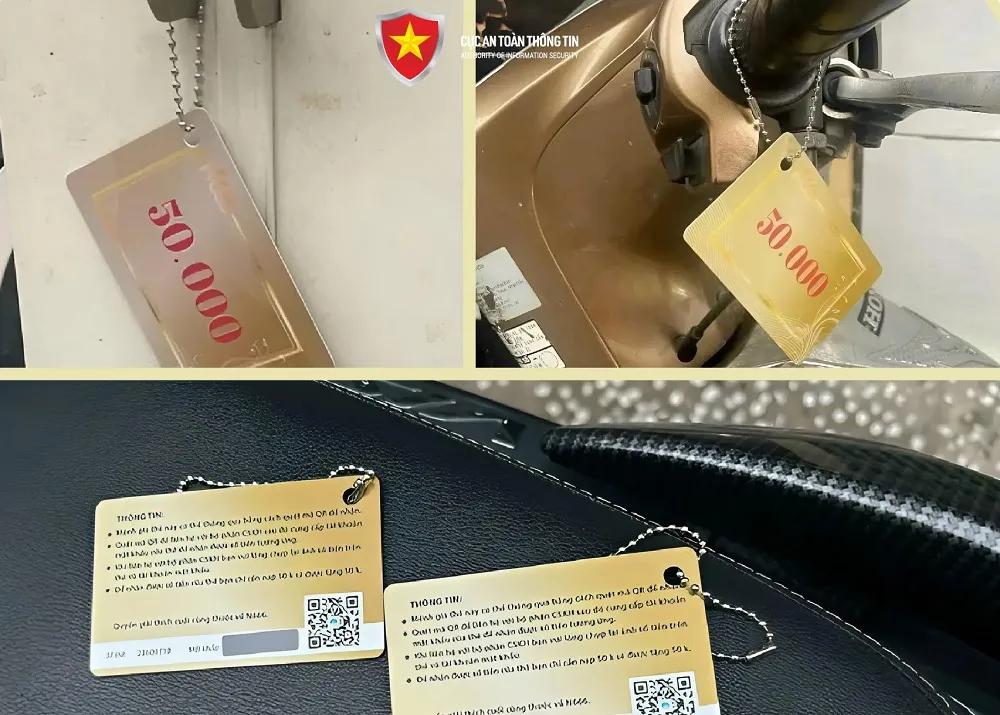 Thẻ 'lạ' màu vàng có ghi số 50.000 ở mặt trước. Ảnh: Cục ATTT mã QR trên xe