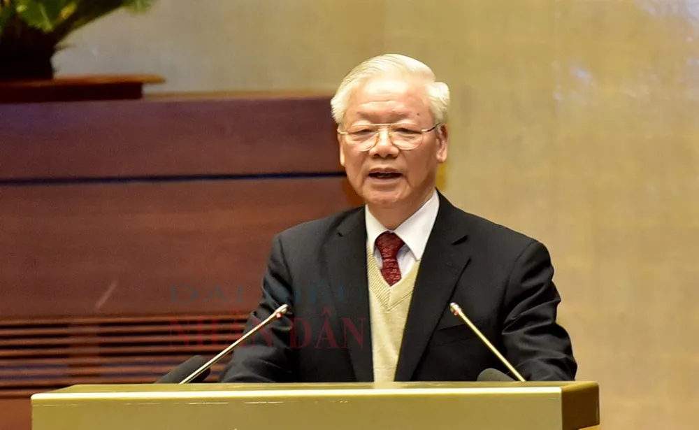 Tổng Bí thư Nguyễn Phú Trọng phát biểu tại Hội nghị Văn hóa toàn quốc triển khai thực hiện Nghị quyết Đại hội XIII của Đảng. Ảnh: LÂM HIỂN Tổng Bí thư Nguyễn Phú Trọng