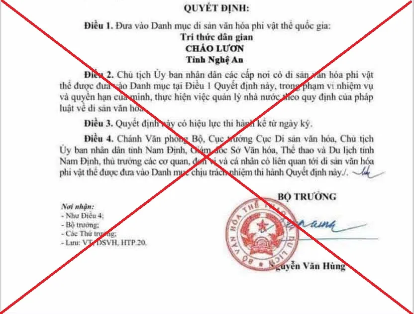 Thông tin Cháo lươn, tỉnh Nghệ được vào Danh mục Di sản văn hoá phi vật thể quốc gia là thông tin xuyên tạc, sai sự thật, gây ảnh hưởng xấu đến uy tín của Bộ VH-TT&DL. Di sản văn hoá phi vật thể quốc gia