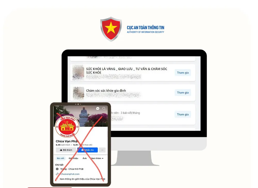 Một số kẻ lừa đảo đã lập các trang Facebook mang tên chùa để kêu gọi quyên góp tiền nhằm thực hiện hành vi lừa đảo. Ảnh: Cục ATTT. app ngân hàng giả