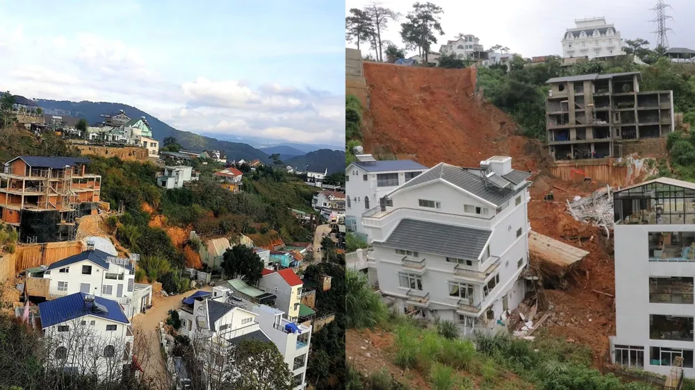 Căn nhà trước và sau khi bị sạt lở. Ảnh: VÕ TÙNG