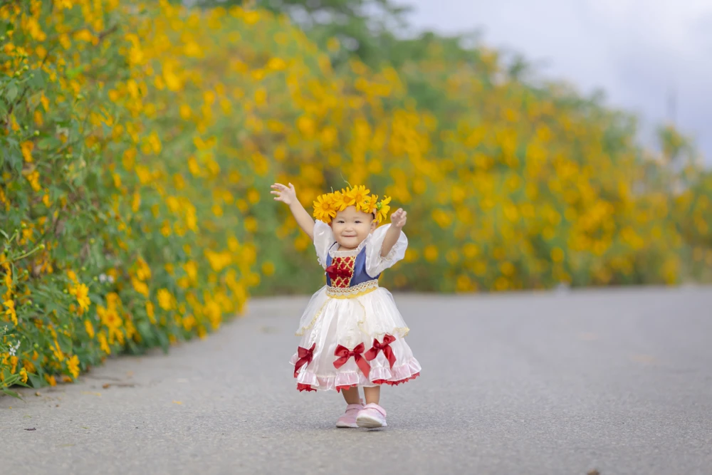 Bé Bông ...và hoa dã quỳ. Ảnh: PHƯƠNG UYÊN da-quy-5.jpg