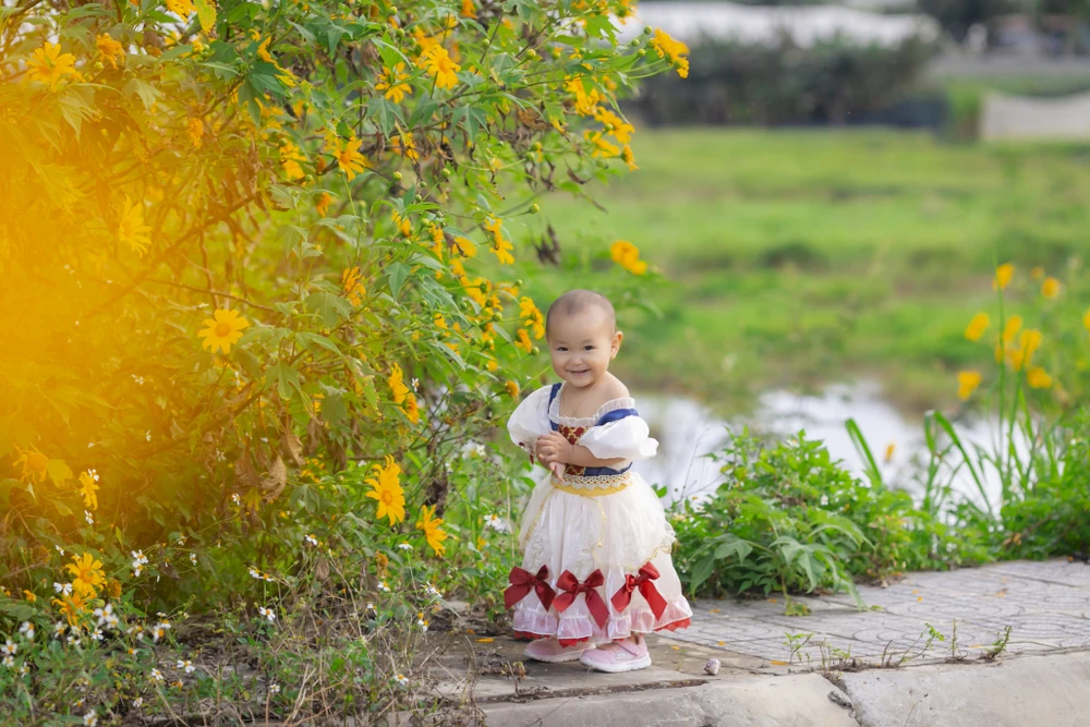 Bé Bông tạo dáng bên rặng dã quỳ. Ảnh: PHƯƠNG UYÊN da-quy-8.jpg