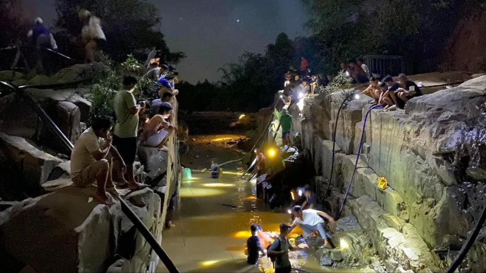 Hàng chục người xuống sông Đạ Huoai bắt cá trong đêm. Ảnh: VT Sông Đạ Huoai cạn trơ đá, hàng chục người soi đèn bắt cá trong đêm