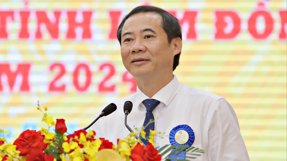 Quyền Bí thư Tỉnh ủy Lâm Đồng - Nguyễn Thái Học phát biểu tại đại hội. Ảnh: VT tinh-lam-dong-d2.jpg