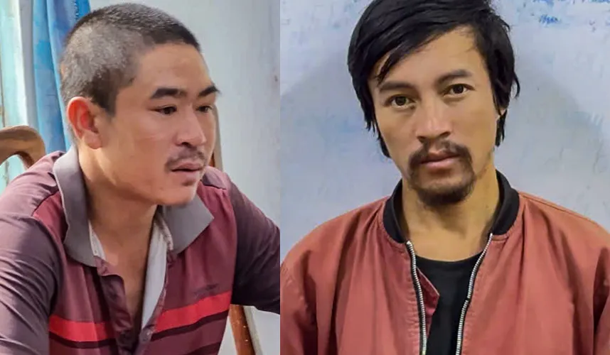 Lê Trần Khánh (bìa phải) và Trần Tô Hoài Vũ tại cơ quan công an. Ảnh: HH lấy trộm xe máy.jpg