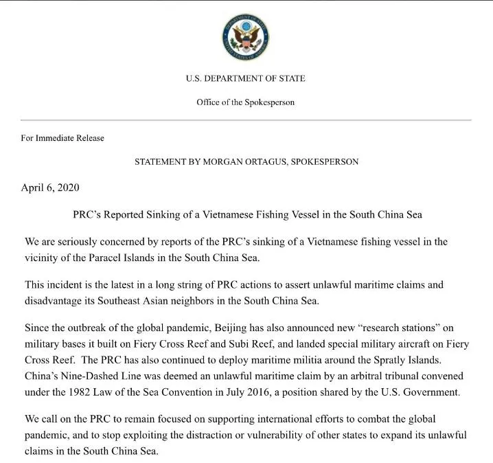 Mỹ lên án Trung Quốc đâm chìm tàu cá Việt Nam ảnh 1 Mỹ lên án Trung Quốc đâm chìm tàu cá Việt Nam ảnh 1