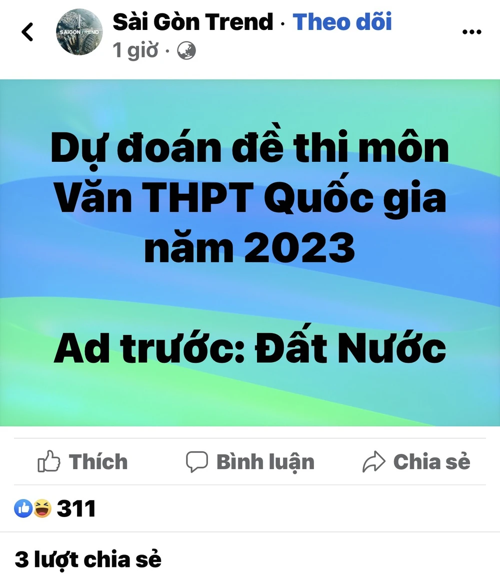 Fanpage Sài Gòn trend dự đoán đề thi Ngữ văn ngày mai. Ảnh chụp màn hình.