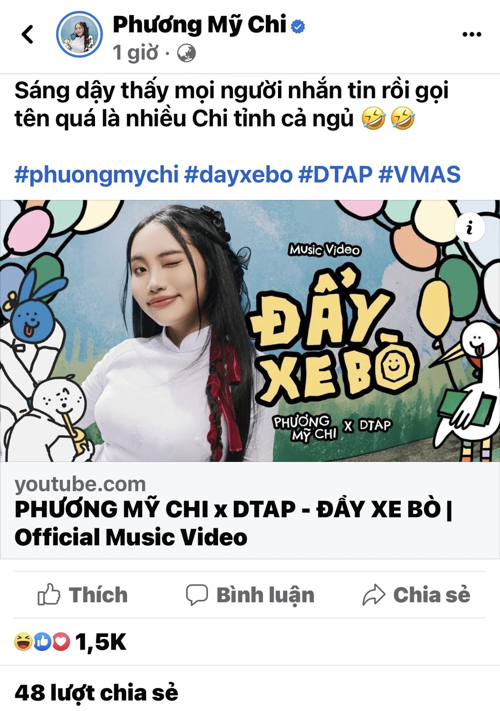 Status của Phương Mỹ Chi sau khi biết đề thi Văn. Ảnh chụp màn hình