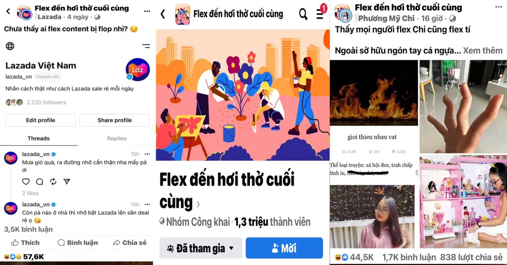 Nhóm Facebook Flex đến hơi thở cuối cùng thu hút hơn 1,3 triệu thành viên. Không chỉ có Gen Z, các nhãn hàng bán lẻ, doanh nghiệp lớn, ca sĩ, cầu thủ, nhân vật nổi tiếng cũng tranh thủ tham gia. Ảnh: CHỤP MÀN HÌNH.
