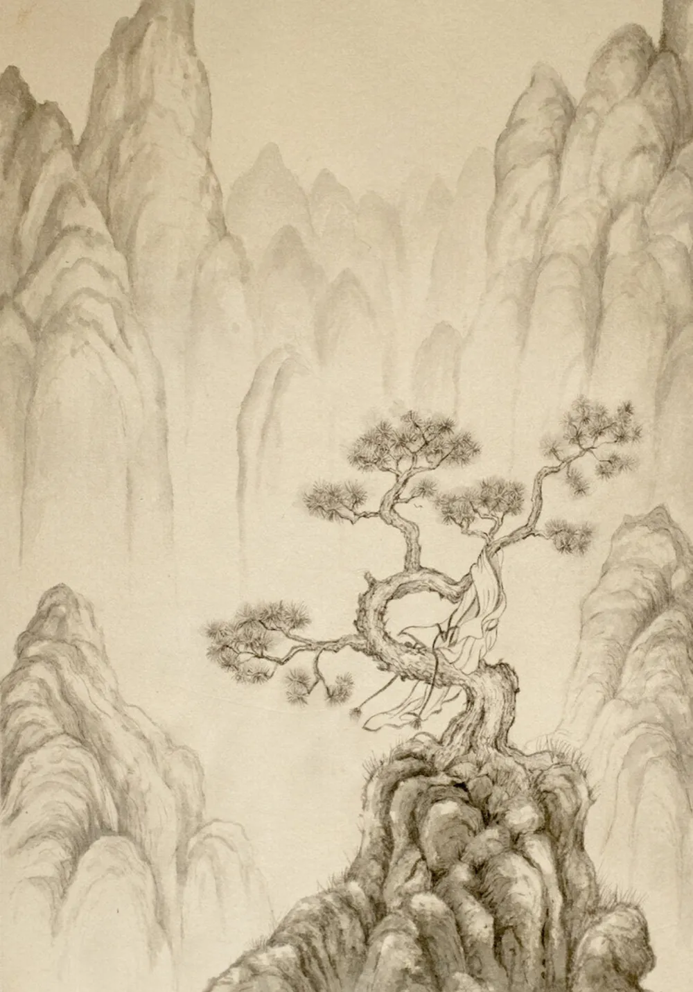 Tác phẩm “Bốn núi”, minh họa cho bài thơ: “Bốn núi bủa vây/sáng nay thức dậy/thấy mình là cây”. Ảnh: QUỐC HƯƠNG