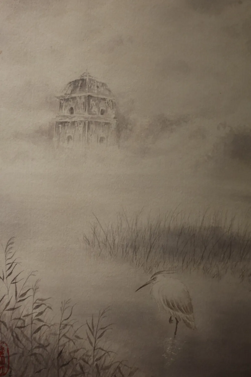 Tác phẩm “Miền Kinh Bắc” minh họa cho bài thơ: “Tiếng vạc kêu sương/đâu rồi con đường/đi về Kinh Bắc”. Ảnh: QUỐC HƯƠNG.