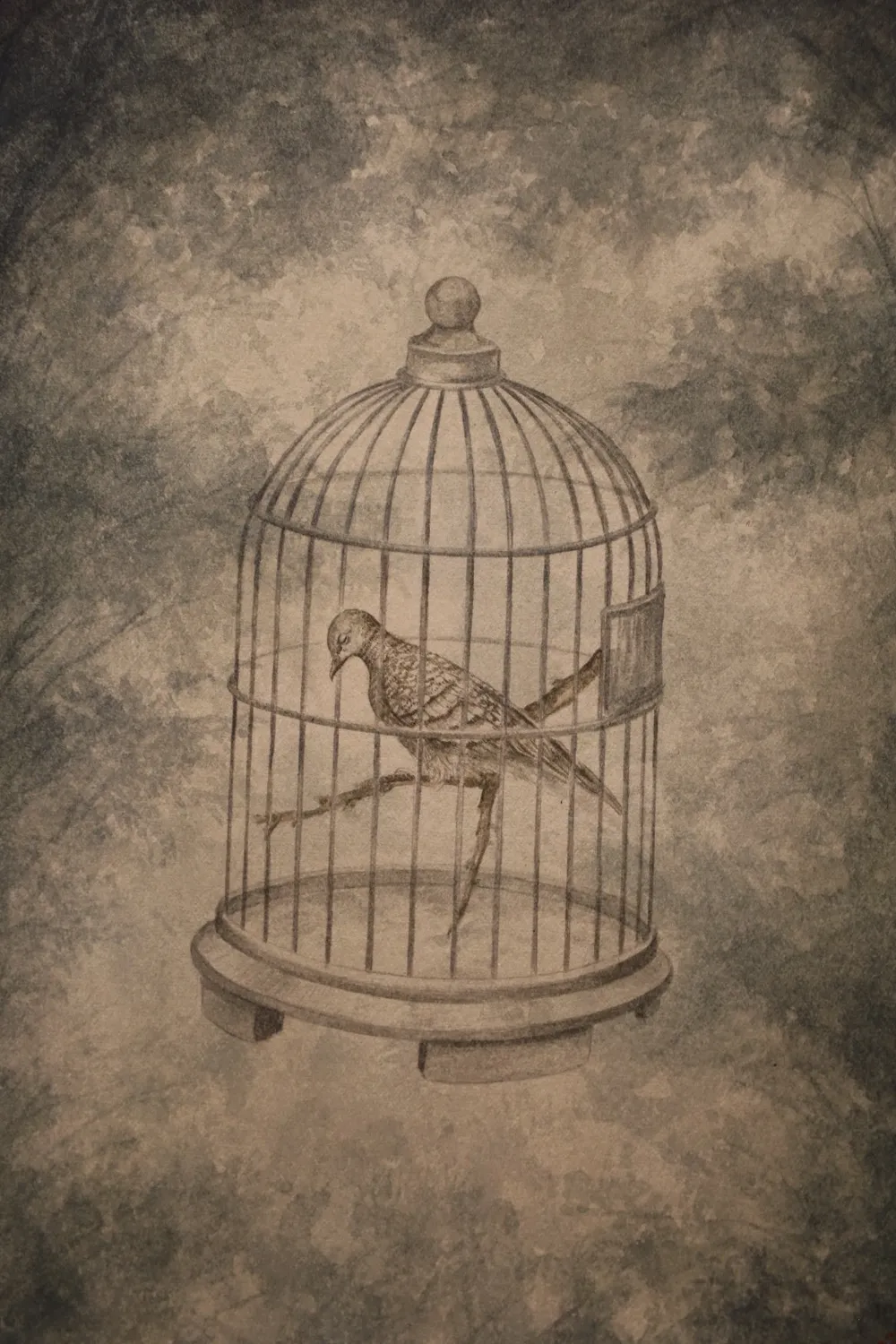 Tác phẩm “Rừng thẳm” minh họa cho bài thơ: “Đôi mắt chim cu/bên trong lòng nhỏ/núi rừng thâm u”. Ảnh: QUỐC HƯƠNG.