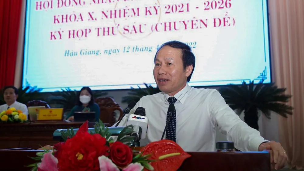 Ông Lê Tiến Châu, Phó Chủ tịch, Tổng Thư ký UBTƯ MTTQ Việt Nam phát biểu tại kỳ họp thứ sáu HĐND tỉnh Hậu Giang khóa X, nhiệm kỳ 2021-2026. Ảnh: QT Ông Lê Tiến Châu, Phó Chủ tịch, Tổng Thư ký UBTƯ MTTQ Việt Nam phát biểu tại kỳ họp thứ sáu HĐND tỉnh Hậu Giang khóa X, nhiệm kỳ 2021-2026. Ảnh: QT