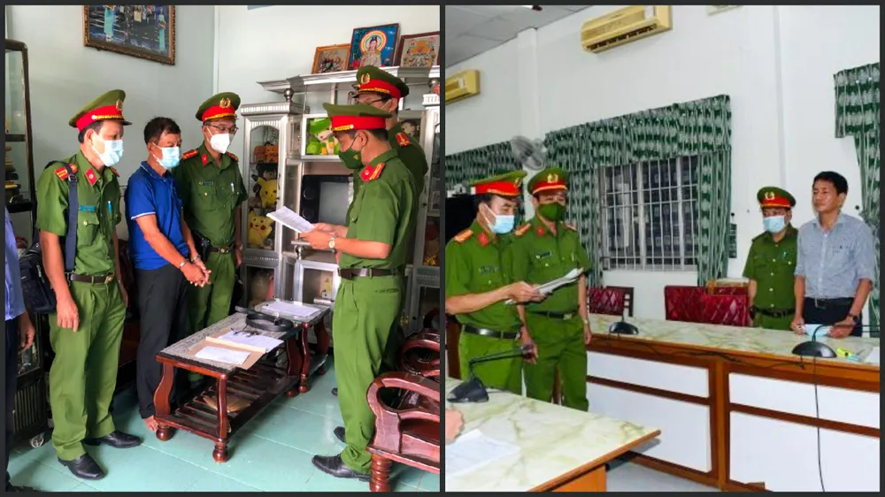 Công an đọc lệnh bắt ông Nguyễn Văn Lơ, Giám đốc CDC tỉnh Trà Vinh (ảnh trái) và ông Trần Đắc Thanh, Phó Giám đốc Sở y tế Trà Vinh (ảnh phải). Ảnh: CACC Công an đọc lệnh bắt ông Nguyễn Văn Lơ, Giám đốc CDC tỉnh Trà Vinh (ảnh trái) và ông Trần Đắc Thanh, Phó Giám đốc Sở y tế Trà Vinh (ảnh phải). Ảnh: CACC