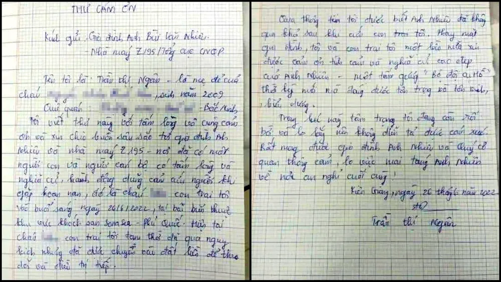 Thư cảm ơn Trung tá Nhiên đầy xúc động do bà Trần Thị Ngân (mẹ ruột cháu L.) viết.