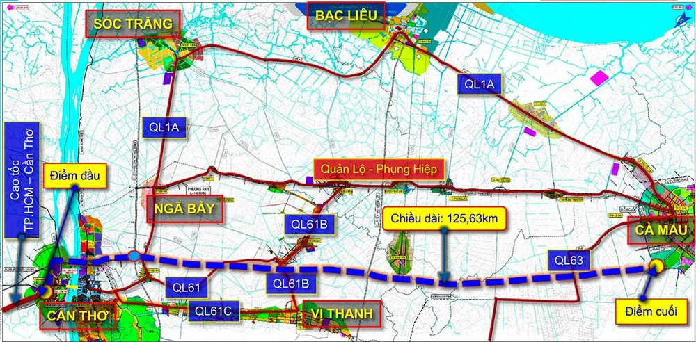 Cao tốc Cần Thơ - Cà Mau có tổng chiều dài hơn 110 km, quy mô giai đoạn 1 gồm bốn làn xe, tổng mức đầu tư hơn 27.500 tỉ đồng.