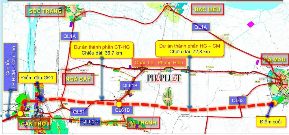 Cao tốc Cần Thơ - Cà Mau có tổng chiều dài hơn 110km, quy mô giai đoạn 1 gồm bốn làn xe, tổng mức đầu tư hơn 27.500 tỉ đồng. Cao tốc Cần Thơ - Cà Mau có tổng chiều dài hơn 110km, quy mô giai đoạn 1 gồm bốn làn xe, tổng mức đầu tư hơn 27.500 tỉ đồng.