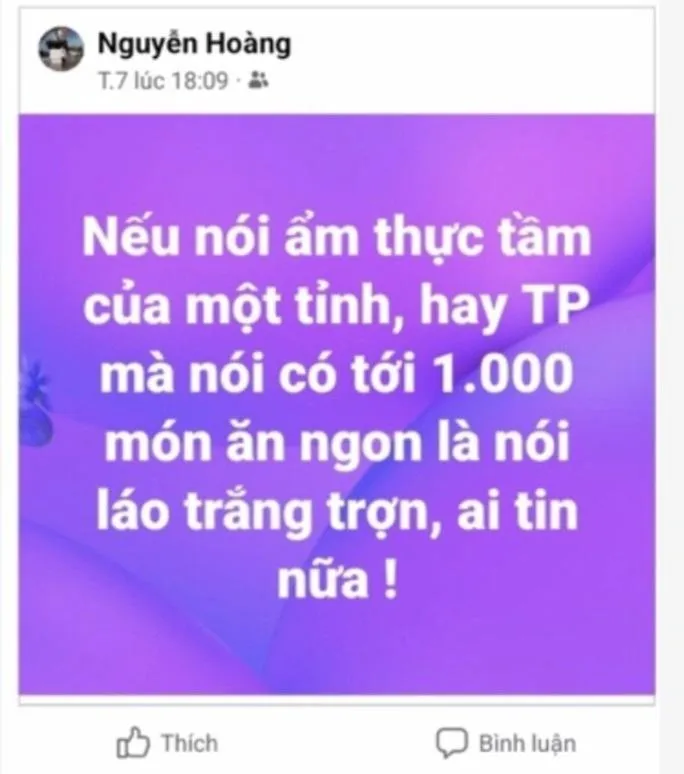 Dòng trạng thái ông Hoàng đăng trên facebook cá nhân và được chính quyền huyện Phong Điền (TP Cần Thơ) cho là "ám chỉ" ngày hội văn hóa ẩm thực do một doanh nghiệp tư nhân tổ chức. Dòng trạng thái ông Hoàng đăng trên facebook cá nhân và được chính quyền huyện Phong Điền (TP Cần Thơ) cho là "ám chỉ" ngày hội văn hóa ẩm thực do một doanh nghiệp tư nhân tổ chức.