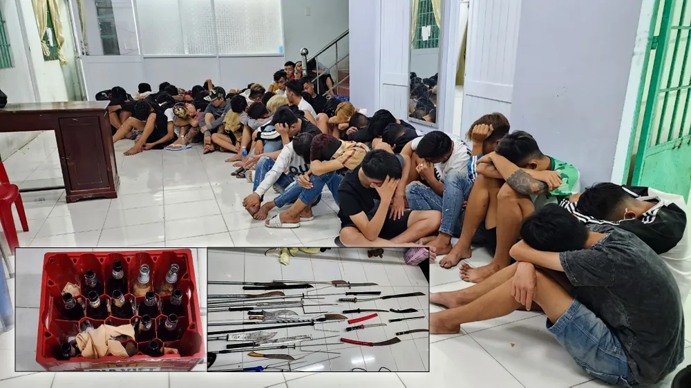 Nhóm thanh niên đang chuẩn bị hỗn chiến thì bị bắt giữ (ảnh lớn) và tang vật là hung khí, bom xăng (ảnh nhỏ). Ảnh: VĂN VŨ