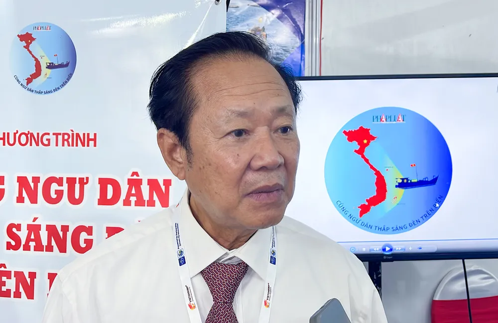 Ông Nguyễn Việt Thắng, Chủ tịch Hiệp hội Thủy sản Việt Nam cho rằng việc Báo Pháp Luật TP.HCM giới thiệu Chương trình tại Hội chợ VietShrimp 2023 là rất kịp thời. Ảnh: CHÂU ANH