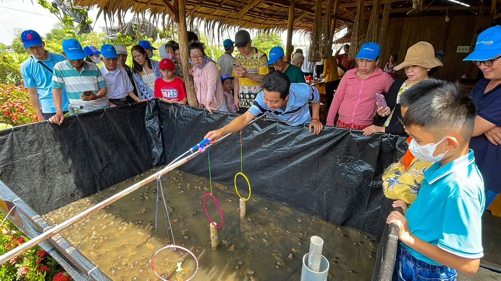 Hầu hết du khách bày tỏ mô hình ếch nhảy vòng làm xiếc là sản phẩm du lịch độc đáo, mới thấy lần đầu tại Cồn Sơn. Ảnh: CHÂU ANH
