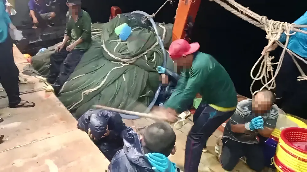 Clip ba người bị đánh đập dã man trên một tàu cá dù liên tục chắp tay xin tha nhưng vẫn bị đánh khiến dư luận bức xúc. Ảnh cắt từ clip