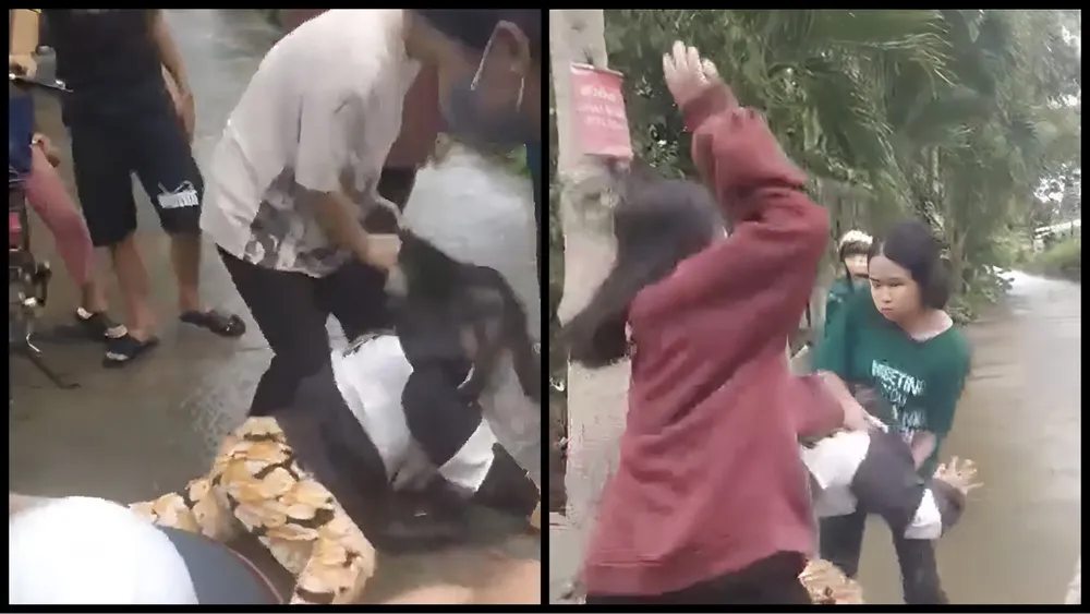 Nhóm nữ sinh thay phiên nhau đánh em HN. Ảnh cắt từ clip