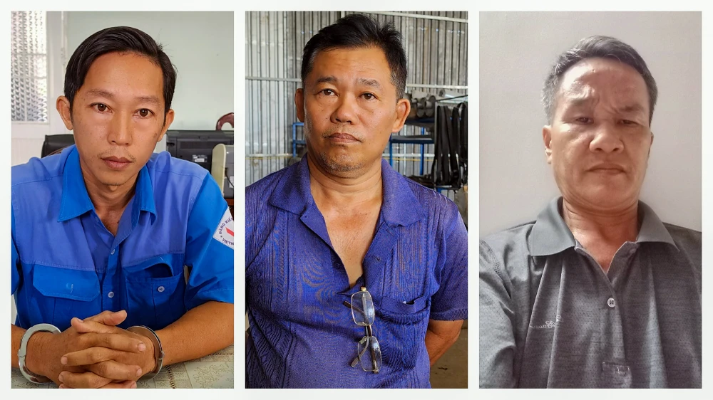 Từ trái qua: các bị can Đặng Phi Long, Đặng Văn Công và Nguyễn Văn Lộc tại cơ quan công an. Ảnh: VĂN VŨ kien-giang-bat-dang-kiem-3.jpg