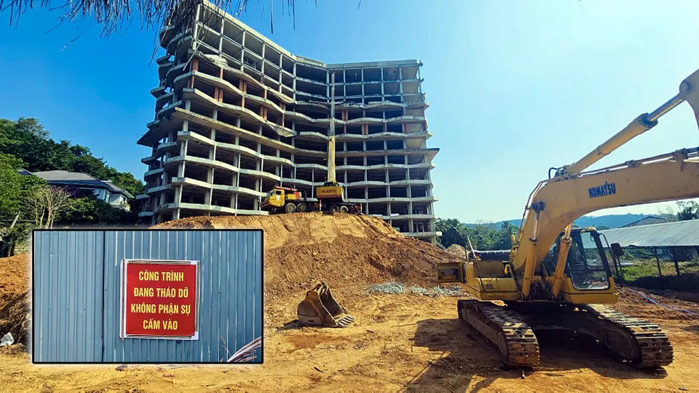 Cuối tháng 1-2024, chủ đầu tư công trình vi phạm này đã đưa máy móc, thiết bị tiến hành tháo dỡ, trả lại hiện trạng đất cho chính quyền địa phương. Ảnh: HOÀNG HỮU Hoàn tất tháo dỡ khách sạn 12 tầng xây trái phép ở Phú Quốc