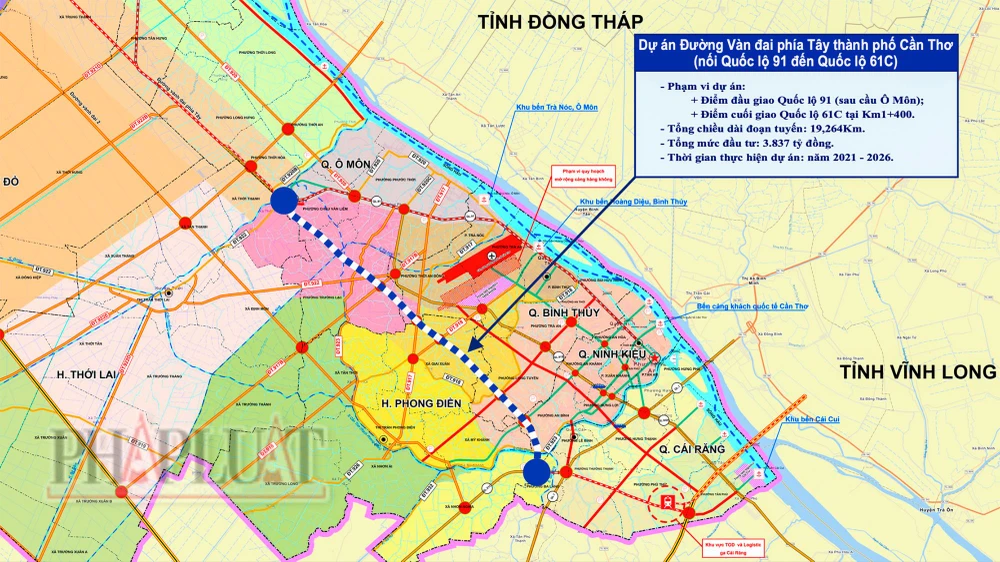Dự án đường vành đai phía Tây TP Cần Thơ nối Quốc lộ 91 đến Quốc lộ 61C, có tổng chiều dài hơn 19km, khởi công hồi tháng 11-2022. Ảnh: CHÂU ANH Đường vành đai phía Tây TP Cần Thơ