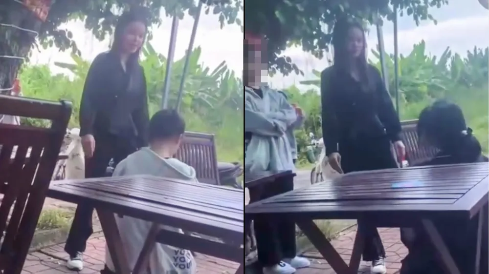 Tại quán cafe trên địa bàn thị trấn Một Ngàn, bị can Nga đã bắt hai em T và A quỳ rồi tát, đánh. Ảnh cắt từ clip 2 nữ sinh ở tỉnh Hậu Giang bị bắt quỳ và bị tát nhiều cái vào mặt