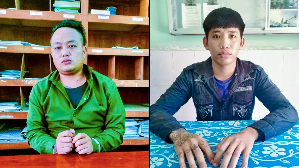 Từ trái qua: Bị can Đinh Văn Lành và bị can Huỳnh Chí Khanh tại cơ quan công an. Ảnh: CAKG Nhóm 'làm luật' trên vùng biển ở tỉnh Kiên Giang