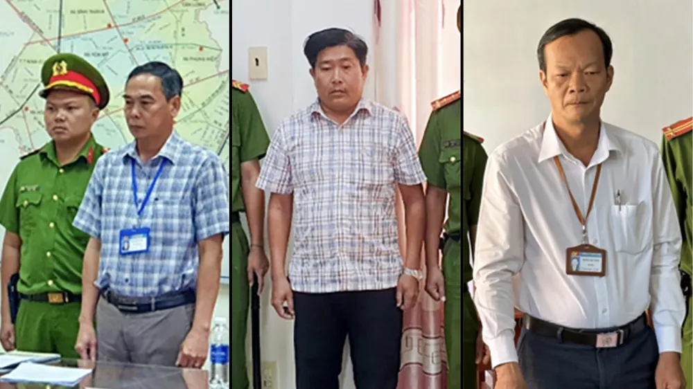 Từ trái qua: Các bị can Trần Không Dận, Nguyễn Thanh Diện và Bạch Việt Mến 24 cán bộ tỉnh Hậu Giang bị điều tra liên quan tham nhũng