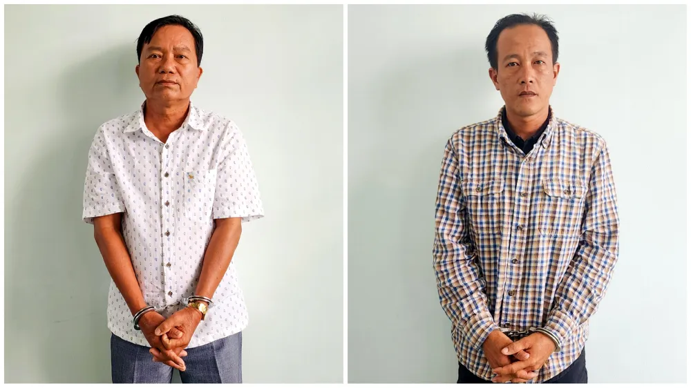 Từ trái qua: Bị can Nguyễn Thái Ngạn và bị can Nguyễn Tấn Dũng bị khởi tố, bắt tạm giam để điều tra tội môi giới hối lộ. Ảnh: VĂN VŨ cong-an-tinh-kien-giang-vu-lam-luat-tren-bien-1.jpg