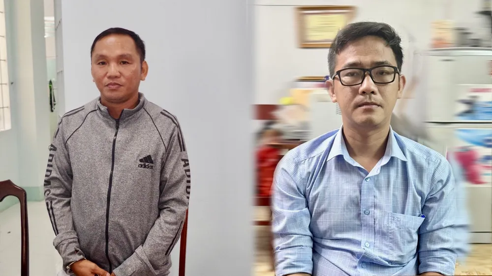 Bị can Ngô Ngọc Quyền (trái) và bị can Nguyễn Quốc Huy. Ảnh: CAKG Bắt quả tang cán bộ Trung tâm kỹ thuật TN&MT tỉnh Kiên Giang nhận hối lộ