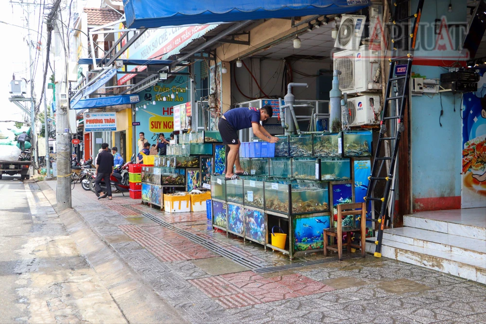 Trên đường Trần Hoàng Na, đã xuất hiện tình trạng mua bán lấn chiếm lòng đường, vỉa hè, kê bàn, trưng bày hàng hóa kinh doanh... Ảnh: CHÂU ANH ban-atgt-tp-can-tho-kiem-tra-tran-hoang-na-8.jpg