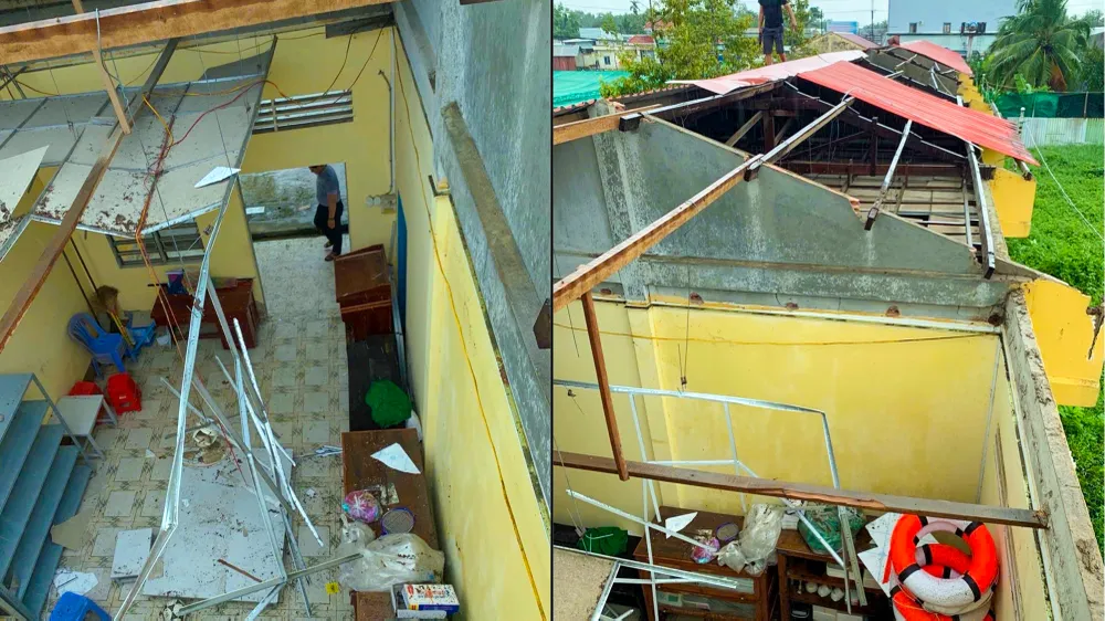 Dông lốc đã làm tốc mái 4 phòng học tại trường THCS thị trấn Cái Tắc (huyện Châu Thành A, tỉnh Hậu Giang). Ảnh: BCH Dông lốc đã làm tốc mái 4 phòng học và nhiều căn nhà ở tỉnh Hậu Giang