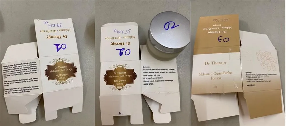 3 sản phẩm mỹ phẩm không rõ nguồn gốc xuất xứ, chưa được phép lưu hành tại Việt Nam. Ảnh: Cục TMĐT và KTS.