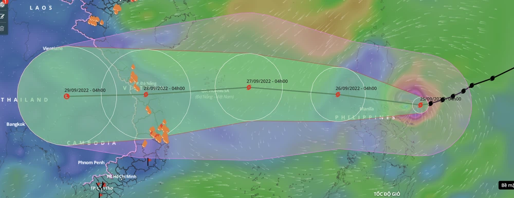 Dự báo vùng ảnh hưởng của bão Noru sau khi vào biển Đông. Ảnh: VNDMS